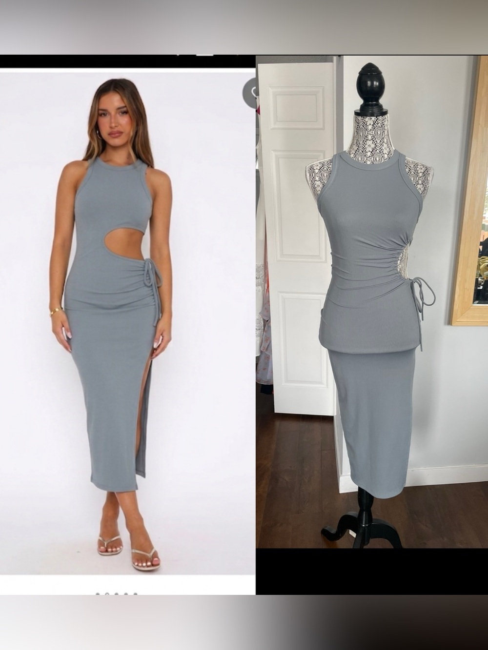 White Fox Ribbed Side Cut Out Ruched Midi With Side Slit. Stretchy. Blue. XS.